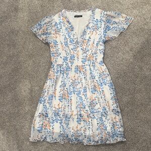 Short Sleeved Floral Print Lettuce Trim Dress